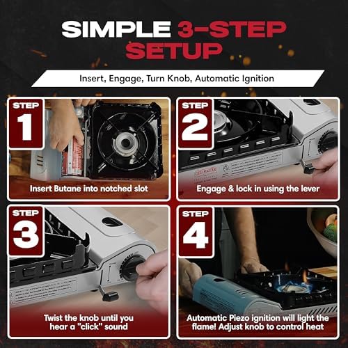Chef Master 15,000 BTU Butane Portable Camp Stove | Double Wind-Guard Portable Stove Burner w/Piezo Click Ignition for Emergencies, Tailgating, Hiking, Backpacking & Camping Essentials - 90019