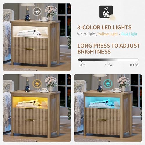 Farmhouse Nightstand with Lockable Hidden Drawer, Human Sensor LED Bedside Table with LED Lights & Charging Station, Rustic Wood Sofa Side End Table with 3 Drawers for Bedroom (Black)