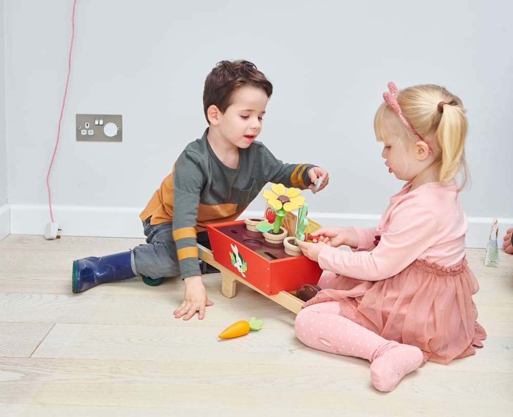 Tender Leaf Toys Garden Wheelbarrow Set – Deluxe Wooden Gardening Toy with Tools & Accessories – Supports Learning