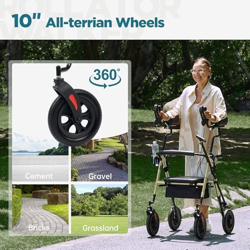 ELENKER 10 in PU Wheels Upright Rollator Walker for Seniors, Champagne | Stand Up Design, Padded Seat, Padded Armrests