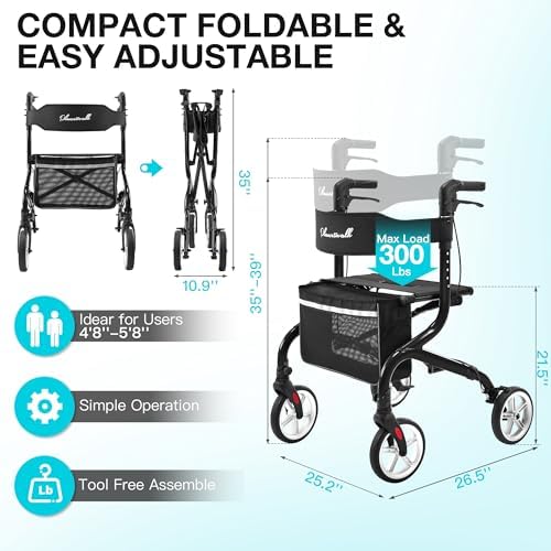 PLANET WALK Super Lightweight Rollator Walker for Seniors, Foldable Rolling Walker with Seat and 8" Rubber Wheels for All Terrain, Unique Design Aluminium Frame Sturdy Walkers for Traveling - Blue