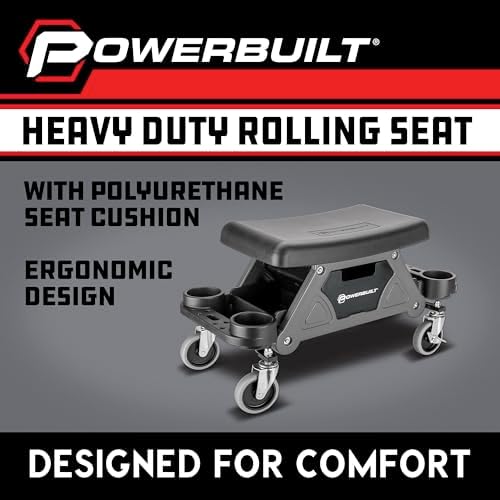 Powerbuilt 42-Inch Triplex Folding Creeper, Rolling Seat, and Brake Stool, All-in-One Adjustable Roller Garage Chair, Lay Down or Sit, Black 620469