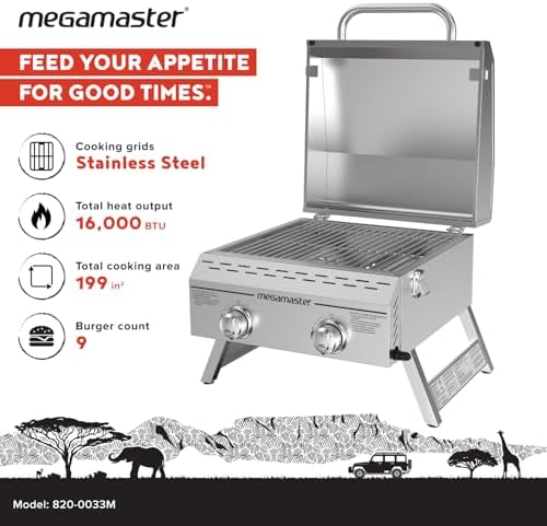 Megamaster Tabletop 2 Burner Gas Grill, Stainless Steel with Foldable Legs
