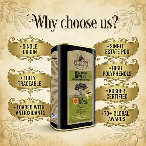 Ellora Farms Olive Oil Extra Virgin, Traceable & Certified PDO Polyphenol Rich Extra Virgin Olive Oil Cold Pressed, Global Gold Awards, Kosher, Single Origin from Crete, Greece 33.8 Fl oz, Pack of 2