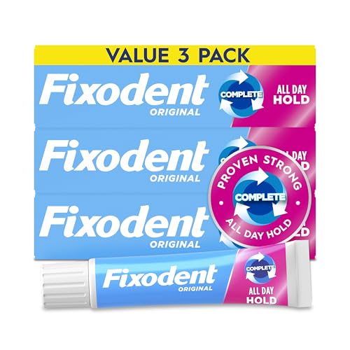 Fixodent Complete Denture Adhesive Cream, Original, 2.4 oz (3-Pack) – Strong False Teeth Glue, Secure Dental Adhesive for Full and Partial Plates