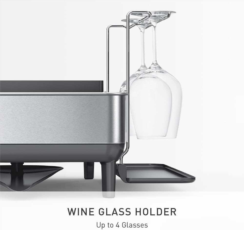 simplehuman Steel Frame Dishrack, Large Capacity Dish Drying Rack, 360º Easy Drain Swivel Spout, Utensil & Wine Glass Holder, Anti-Residue Coating