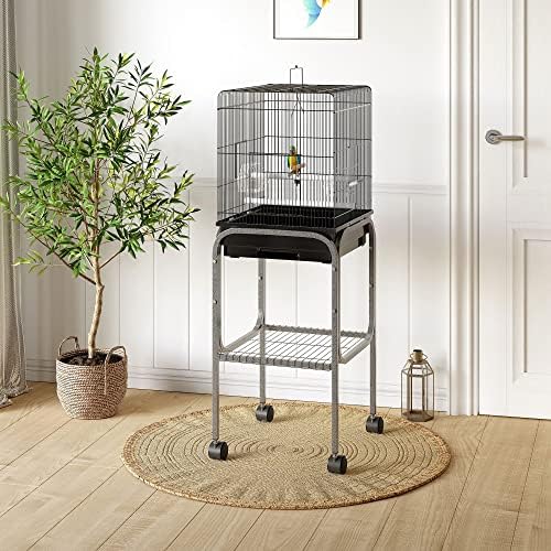 Pawhut 45-inch Metal Indoor Bird Cage, Parrot Cage, Bird Aviary with Detachable Rolling Stand, Storage Basket, and Accessories - Black | Parrot Cage