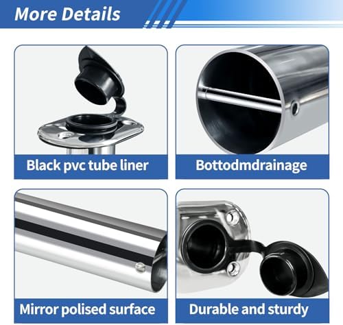 Hoffen 2Pcs Boat Stainless Steel Fishing Rod Holder Flush Mount 15/30/90 Degree with PVC Cap,Inner Tube and Gasket