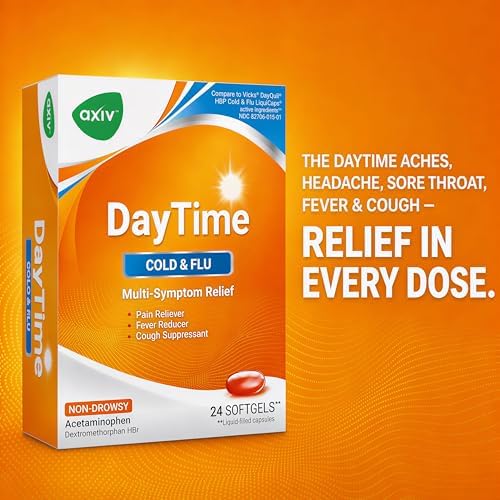 AXIV Daytime Multi-Symptom, Daytime Cold and Flu Relief Softgels, Non-Drowsy Cold Medicine, Relief of Pain, Sore Throat, Minor Aches and Pains, Fever, Cough, 24 Count