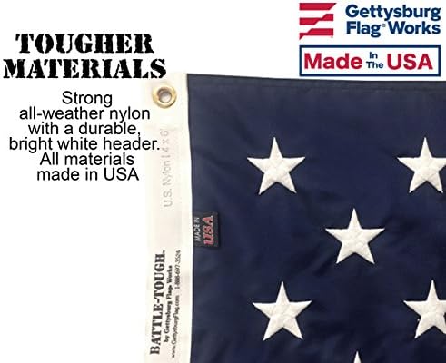 5x8' Battle-Tough® US Flag, Durable All-Weather Nylon American Flag, Sewn Stripes and Embroidered Stars for Outside, Made in USA by Gettysburg Flag Works
