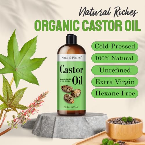 Natural Riches Castor Oil Cold pressed for Dry Skin Hair Loss Dandruff Thicker Hair - Moisturizes heals Scalp Skin Hair growth Thicker Eyelashes & Eyebrows