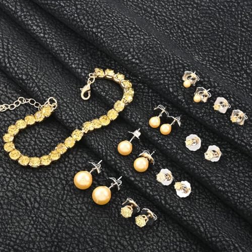 9 Piece Set Golden Shell Pearl Crystal Steel Earrings Bracelet Set 7.5-9.5"