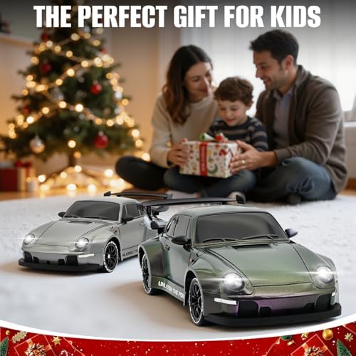 RC Drift Car,1:24 Scale Remote Control Car, 2.4GHz 20KM/H 4WD High Speed RC Cars for Kids with LED Light, Two Batteries,Drifting Tires,Racing Vehicle Toy for Adults Boys Girls Gray