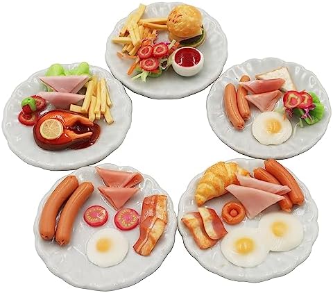 Mixed 5 Assorted Breakfast Dollhouse Miniature Food Set (1/6 Scale) – Sausage, Salmon Steak, Bacon, Burger & Fried Egg on Ceramic Plates