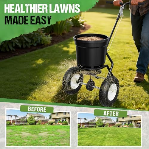 PPOLB Broadcast Spreader for Lawns, 50LB Fertilizer Spreader with 30-Level Flow Control, Walk Behind Lawn Seed & Salt Spreader, 0–10FT Coverage, Hopper Screen, Rain Cover, 12" Pneumatic Wheels