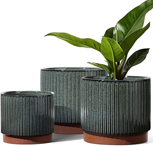 LE TAUCI Ceramic Plant Pots with Drainage Holes, Set of 3, 8+6.7+5.5 Inch Stripe Garden Planter Pots for Outdoor Indoor Plants Flower