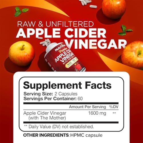 Nutrivein Apple Cider Vinegar Supplement with Mother 1600 mg - 120 Capsules | Unfiltered ACV pills for men and women. Supports digestion
