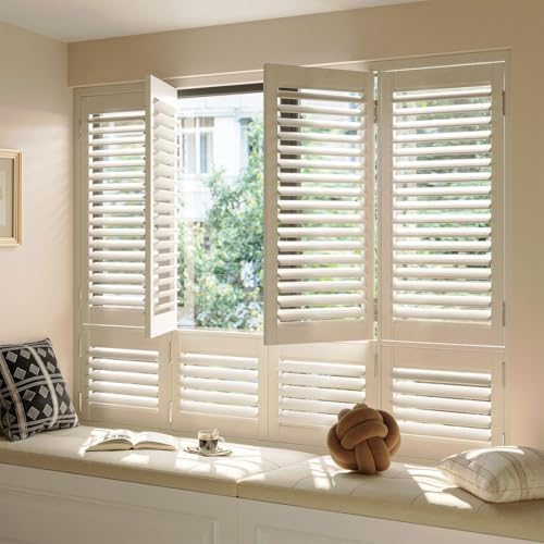 Plantation Shutters for Interior Windows, White, Faux Wood, Custom Made | Interior/Inside, Humidity-Resistant, Protect Privacy, Adjust light, for Bath