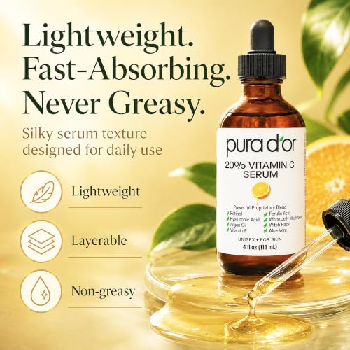 PURA D'OR 20% Vitamin C Anti-Aging Facial Serum, 4 fl oz | Smoother-Looking Texture, pH Balanced, Ferulic Booster, Antioxidant Support, Uneven Tone