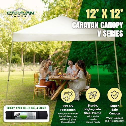 Caravan Canopy V Series 12 by 12 Foot Outdoor Shade Instant Canopy Kit with Steel Frame and 150D Polyester Canopy Top, 3 Leg Height Settings