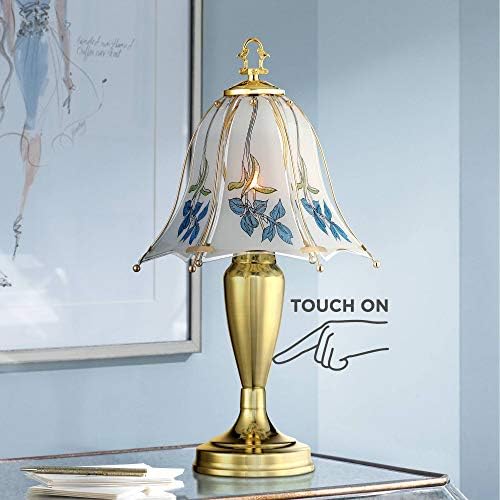 Polished Brass Flower Petal 15" Small Table Lamp Gold Touch 4-Way Glass Off | Etched Shade Art Traditional Cottage Floral Bedroom House Bedside Nightstand Home Office Living Room