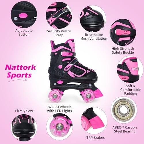 Nattork Kids Roller Skates for Boys Girls Kids, 4 Sizes Adjustable Quad Skates with All Light up Wheels - Birthday Gift for Indoor Outdoor Sports