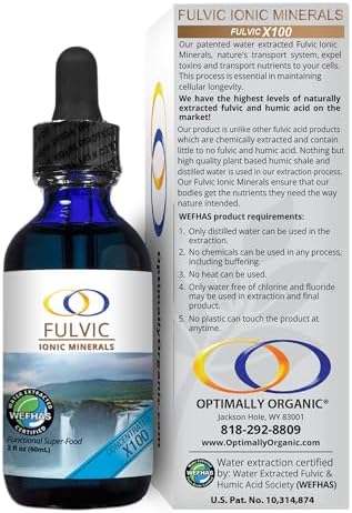 Optimally Organic Water Extracted Fulvic Ionic Minerals X100-2 Month Supply - Patented BioActive Ionic Fulvic Acid - Humic Acid - 77 Trace Minerals
