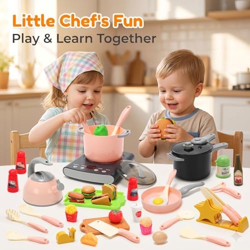 CUTE STONE Pretend Play Kitchen Toy with Cookware Steam Pressure Pot and Electronic Induction Cooktop, Cooking Utensils, Toy Cutlery, Cut Play Food
