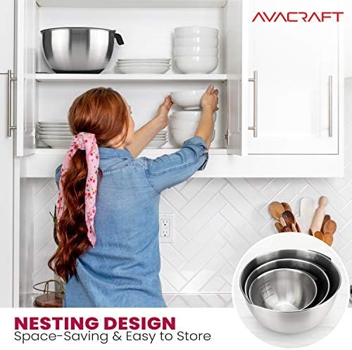 AVACRAFT 18/10 Stainless Steel Mixing Bowls with Lids, non slip silicone base bowls with Handle, Mixing Bowl Set with Pour Spouts & Measurement Marks, Home Essentials Cooking Bowls, (Red)
