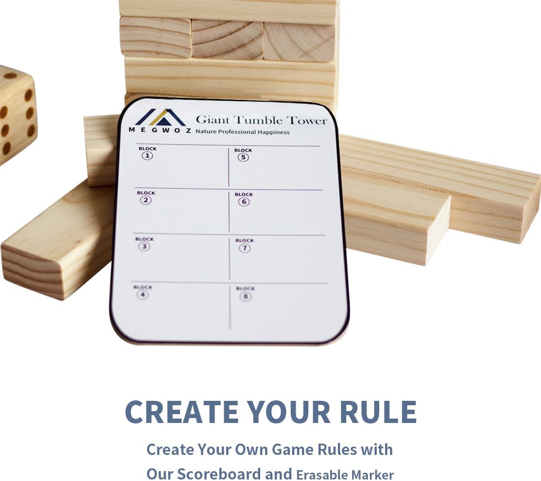 Megwoz Giant Tumble Tower Games for Kids and Adults 57 Blocks New Zealand Pine Wooden Blocks Stacking to Over 4.2FT Family Game for Indoors Outdoors