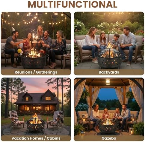 Fire Pit - 32-Inch Outdoor Wood Burning Firepit with Screen, Poker, and Cover - Outdoor Fire Pits for Backyard, Deck, or Patio by Pure Garden (Black)