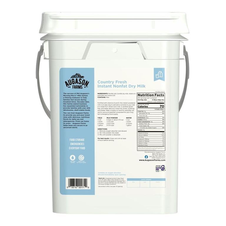 Augason Farms Country Fresh Instant Nonfat Dry Milk Powder | 39 Servings, 20 Year Shelf Life, Gluten Free