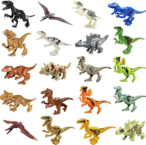 Toysvill Compatible Dinosaurs Mini Figures for Jurassic World Building Blocks Toys (Set of 20 Pieces) with Moving Parts. T Rex, Dragon Sword