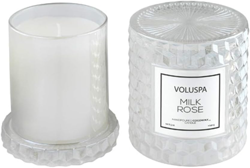 Voluspa Milk Rose, Cloche Textured Glass Candle, 8.5 Ounce, 55 Hour Burn Time, Coconut Wax for Clean Burning, Handcrafted in the USA