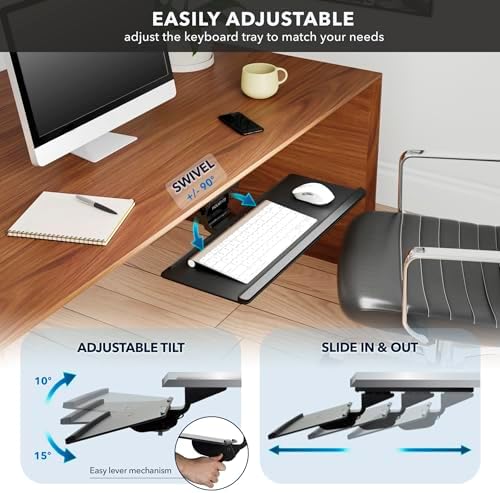 Mount-It! Under Desk Keyboard Tray, Adjustable Slide-Out Keyboard & Mouse Platform, 26.38" W × 10" D, Ergonomic Wrist Rest, Height Tilt & Swivel