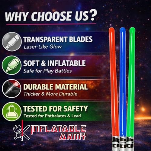 Inflatable Army 12 Inflatable Light Saber Sword Toys - 4 Green, 4 Red 4 Blue Lightsabers - Party Favor, Halloween Costume, Treats