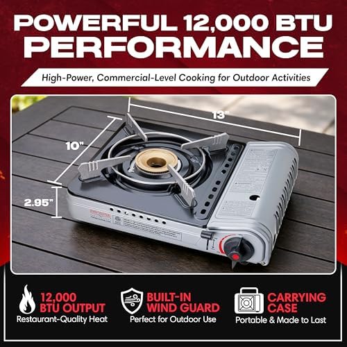 Chef Master 12,000 BTU Portable Butane Stove - Gas Burner for Camping & Outdoor Cooking - Countertop Cooktop with Carry Case, Wind Guard & Electronic Ignition - Portable Cooker & Burner Stove – 90235