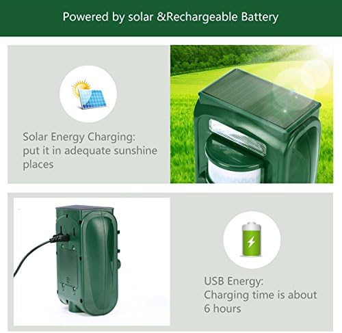 Solar Ultrasonic Animal Repeller, Cat Repellent, Motion Detection, Siren and Flash Repel. Dog, Squirrel, Deer, Raccoon, Skunk, Rabbit, Fox, etc