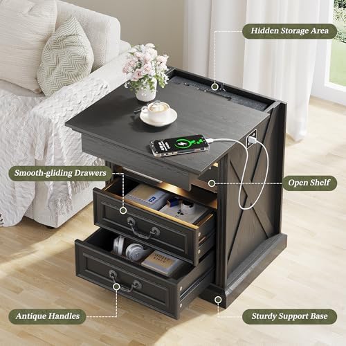 Dystler Nightstand with Hidden Gun Safe Drawer, Charging Station & LED Lights
