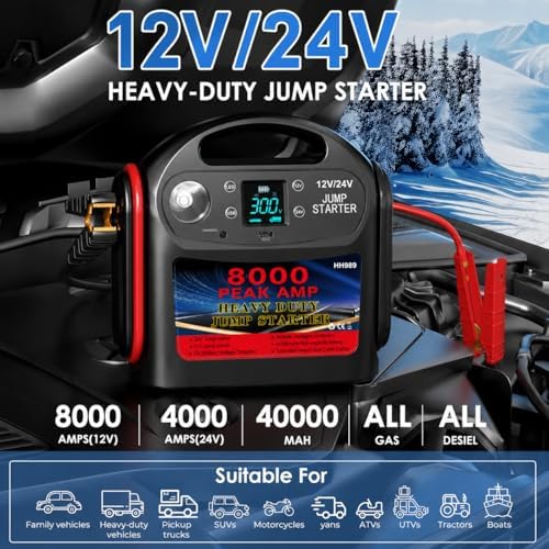8000A 12V/24V Jump Starter for Large Gas & Diesel Engines, Heavy-Duty Portable Battery Booster Pack for Trucks