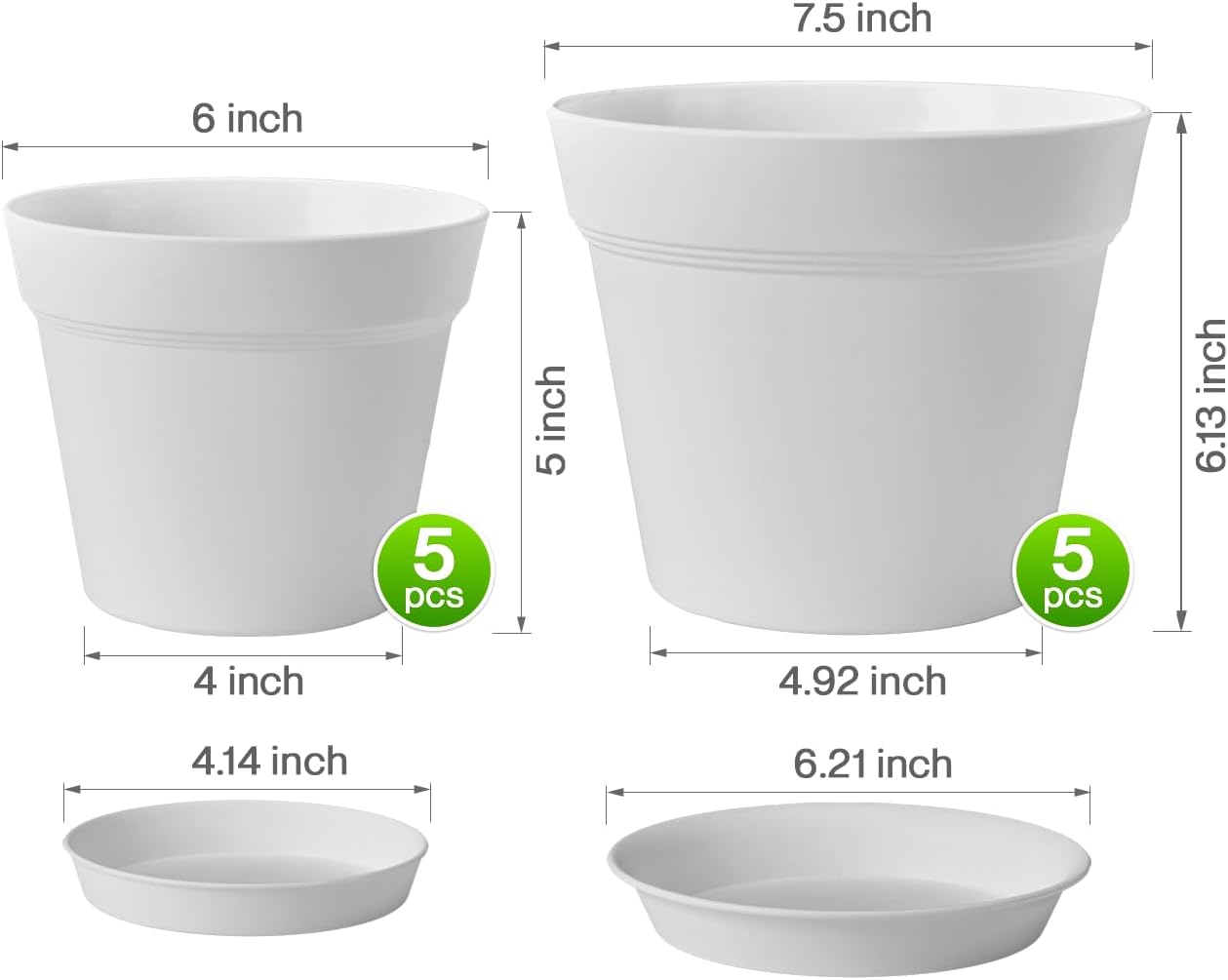 homenote 7.5 Inch Plastic Flower Pots with Drainage Holes and Trays (8 Pcs)