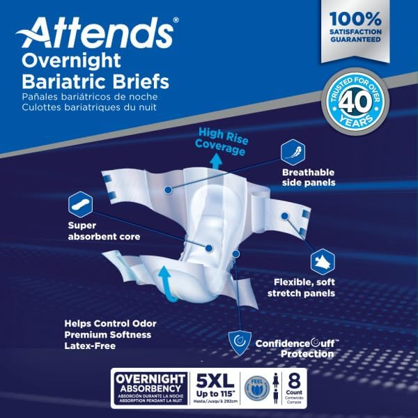Attends Bariatric Incontinence Disposable Briefs, XX-Large, 63"-70" Waist with Tab Closures, Ultimate Absorbency, Dry-Lock Containment Core and ConfidenceCuff Leakage Protection, 2XL 48ct Case