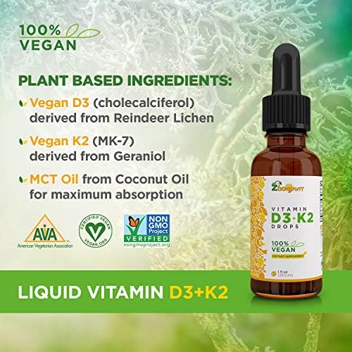 Vegan Liquid Drops Vitamin D3 K2 (MK7) - 100% Plant Based Liquid Vitamin D Enhanced with Coconut Oil for Max Absorption - 1 Serving = 1000 IU VIT D3
