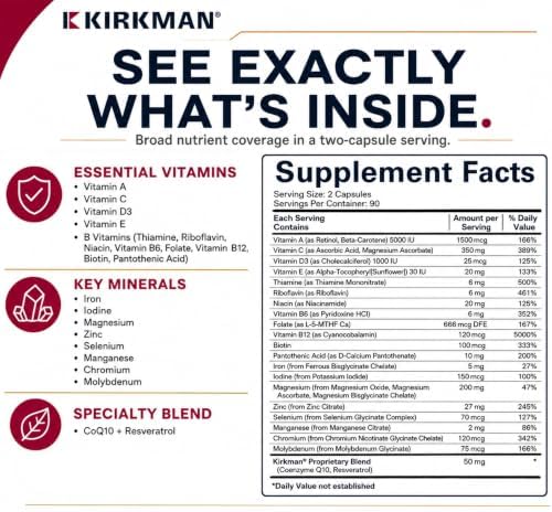 Kirkman Advanced Adult Multivitamin & Mineral with 5-MTHF, 180 Capsules