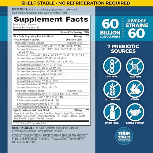 Vital Planet - Vital Flora Ultra Daily Probiotic 60 Billion CFU, 60 Diverse Strains, 7 Organic Prebiotics, Immune Support