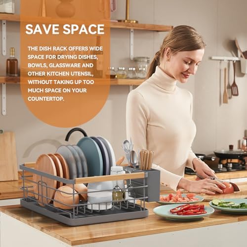 BRIAN & DANY Dish Drying Rack, Dish Racks for Kitchen Counter, Stainless Steel Dish Drainer with Removable Cutlery Holder & Drainboard, White