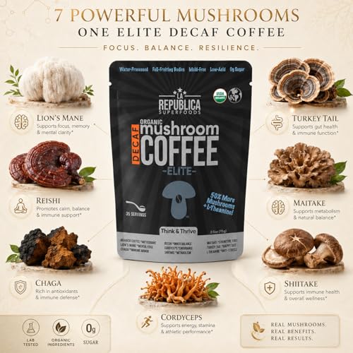 La Republica DECAF Organic Mushroom Coffee (35 Servings) with 7 Superfood Shrooms, Great Tasting Instant Mix Includes Lion's Mane, Reishi, Chaga, Cordyceps, Shiitake, Maitake, and Turkey Tail (Decaffeinated)