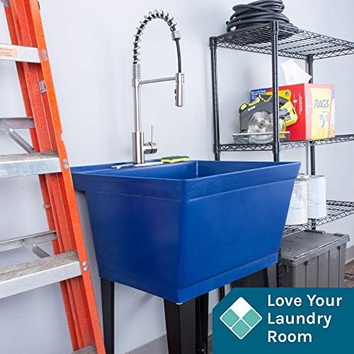 Utility Sink Extra-Deep Laundry Tub in White with High-Arc Stainless Steel Coil Pull-Down Sprayer Faucet, Integrated Supply Lines, P-Trap Kit