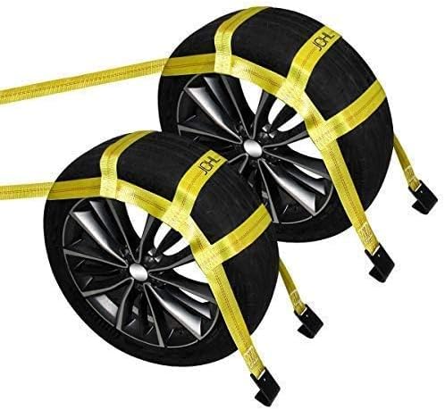 Tow Dolly Basket Straps with Flat Hooks (2 Pack) Yellow Car Wheel Straps Universal Vehicle Tow Dolly Strap System Fits 15"-19" Tires Wheels 10000