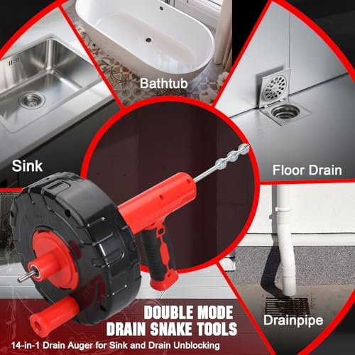 Drain Auger 33 Ft with Easy Cable Rewind System, Plumbing Snake with Drill Adapter, 2026 Upgraded Flexible Spring Steel Drain Cleaner for Kitchen
